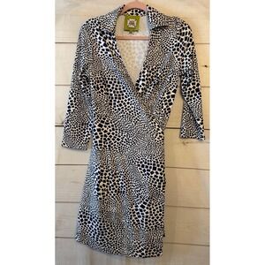 ELIZABETH MCKAY Geometric Print Wrap Dress Navy White XS